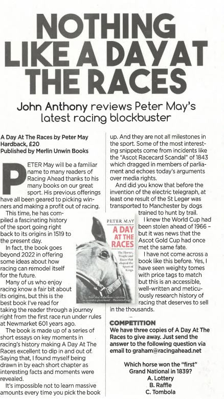 Book review in Racing Ahead Magazine for A Day at the Races by Peter May